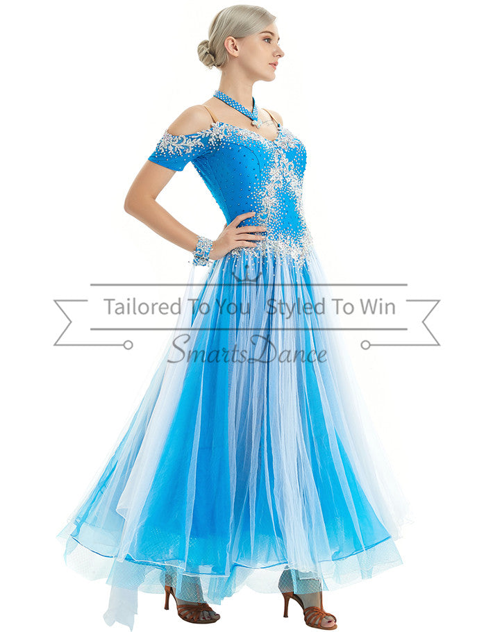 Blue And White Off The Shoulder Ballroom Waltz Dance Gowns SD-BD50 Blue And White Off The Shoulder Ballroom Waltz Dance Gowns SD-BD50