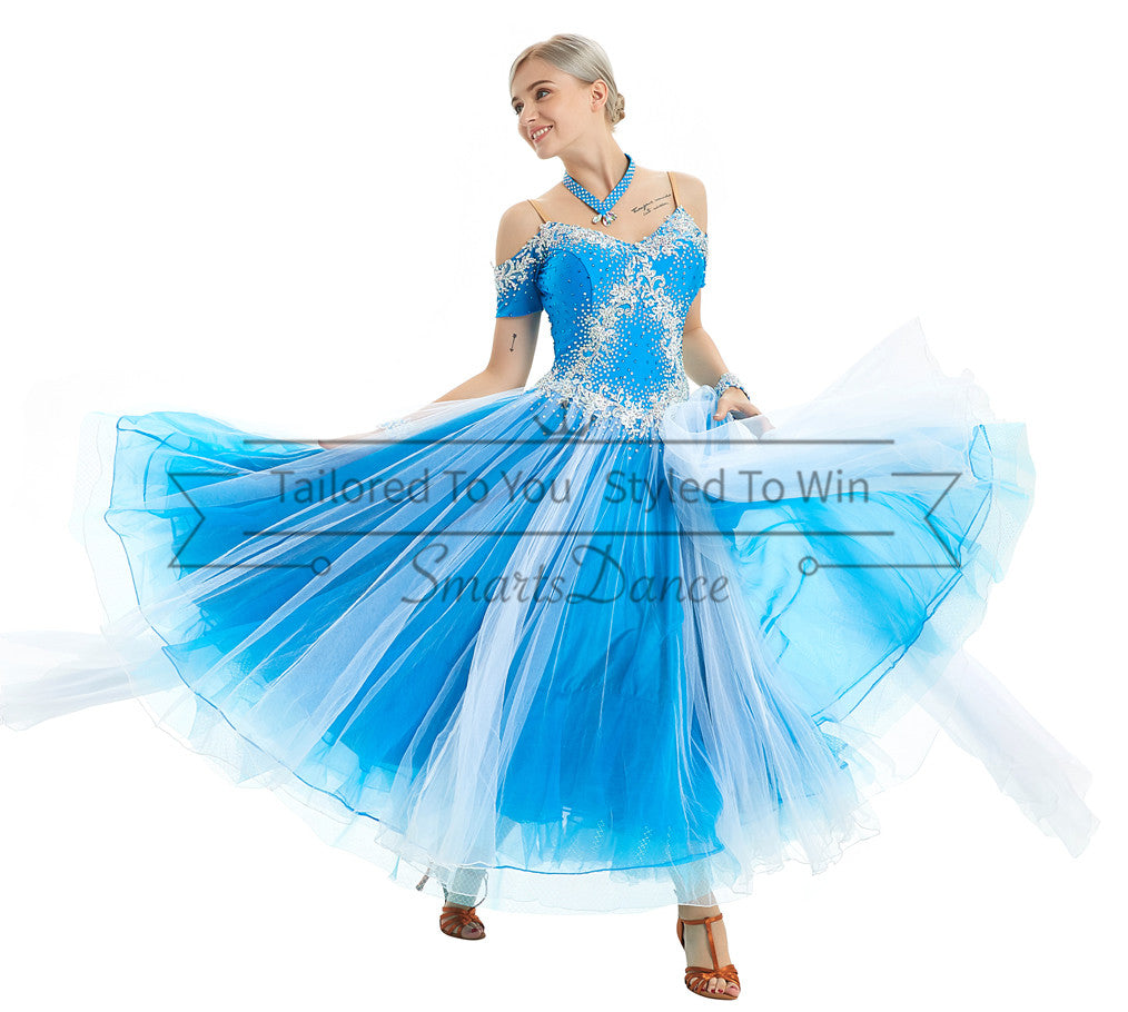 Blue And White Off The Shoulder Ballroom Waltz Dance Gowns SD-BD50 Smarts Dance Blue And White Off The Shoulder Ballroom Waltz Dance Gowns SD-BD50 Smarts Dance