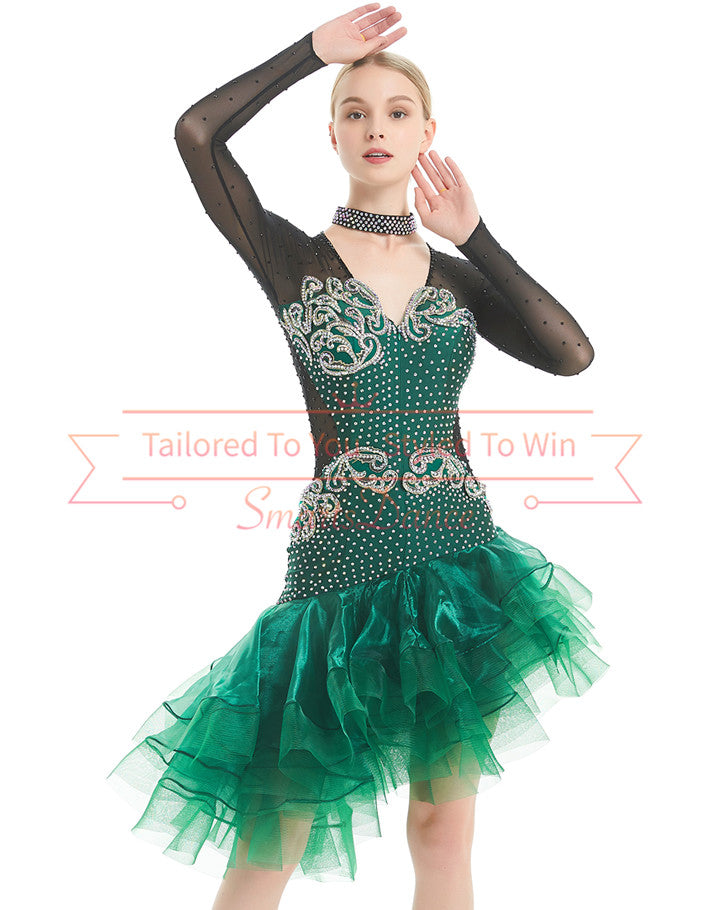 Black And Green with White Sequin Appliques Rhythm Salsa Dance Latin Competition Dress SD-LD10 Black And Green with White Sequin Appliques Rhythm Salsa Dance Latin Competition Dress SD-LD10