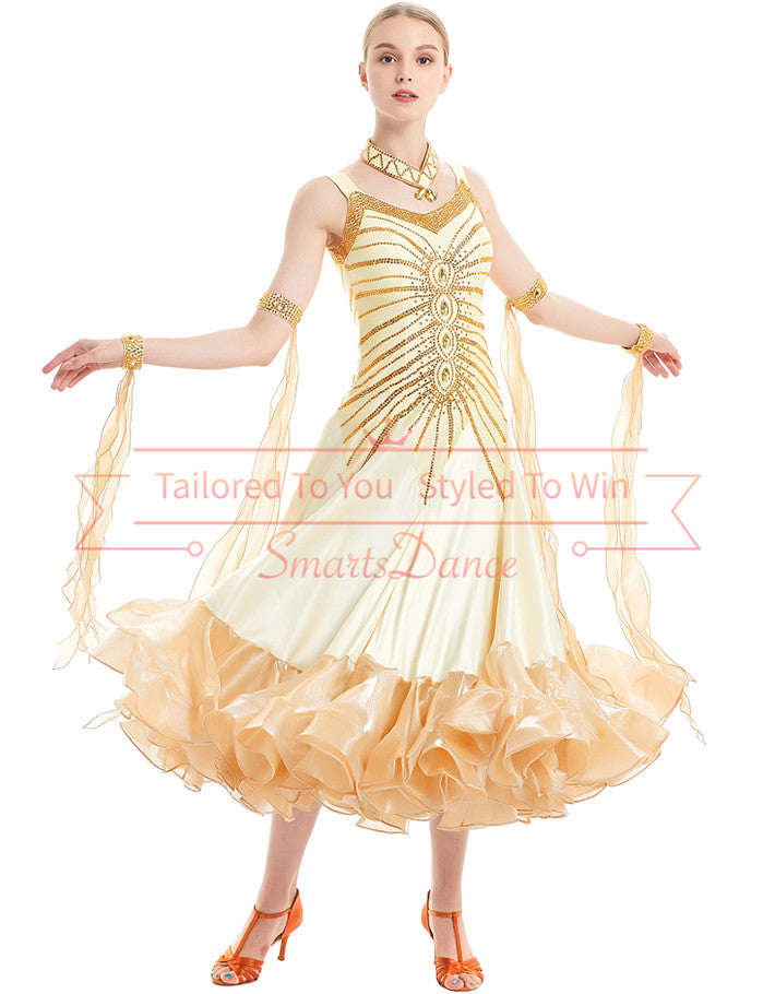 Luxury Golden Sleeveless Ballroom Competition Dance Dress SD-BD69 Smarts Dance Luxury Golden Sleeveless Ballroom Competition Dance Dress SD-BD69 Smarts Dance