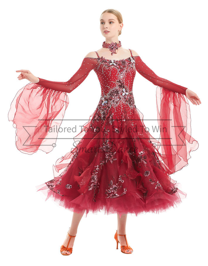 Red Off-shoulder Ballroom Viennese Waltz Dance Dress SD-BD62 Smarts Dance Red Off-shoulder Ballroom Viennese Waltz Dance Dress SD-BD62 Smarts Dance