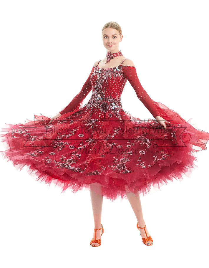 Red Off-shoulder Ballroom Viennese Waltz Dance Dress SD-BD62 – Smarts Dance Red Off-shoulder Ballroom Viennese Waltz Dance Dress SD-BD62 – Smarts Dance